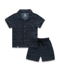 Geometrical Designed Navy Blue Boys Shirt & Shorts Set