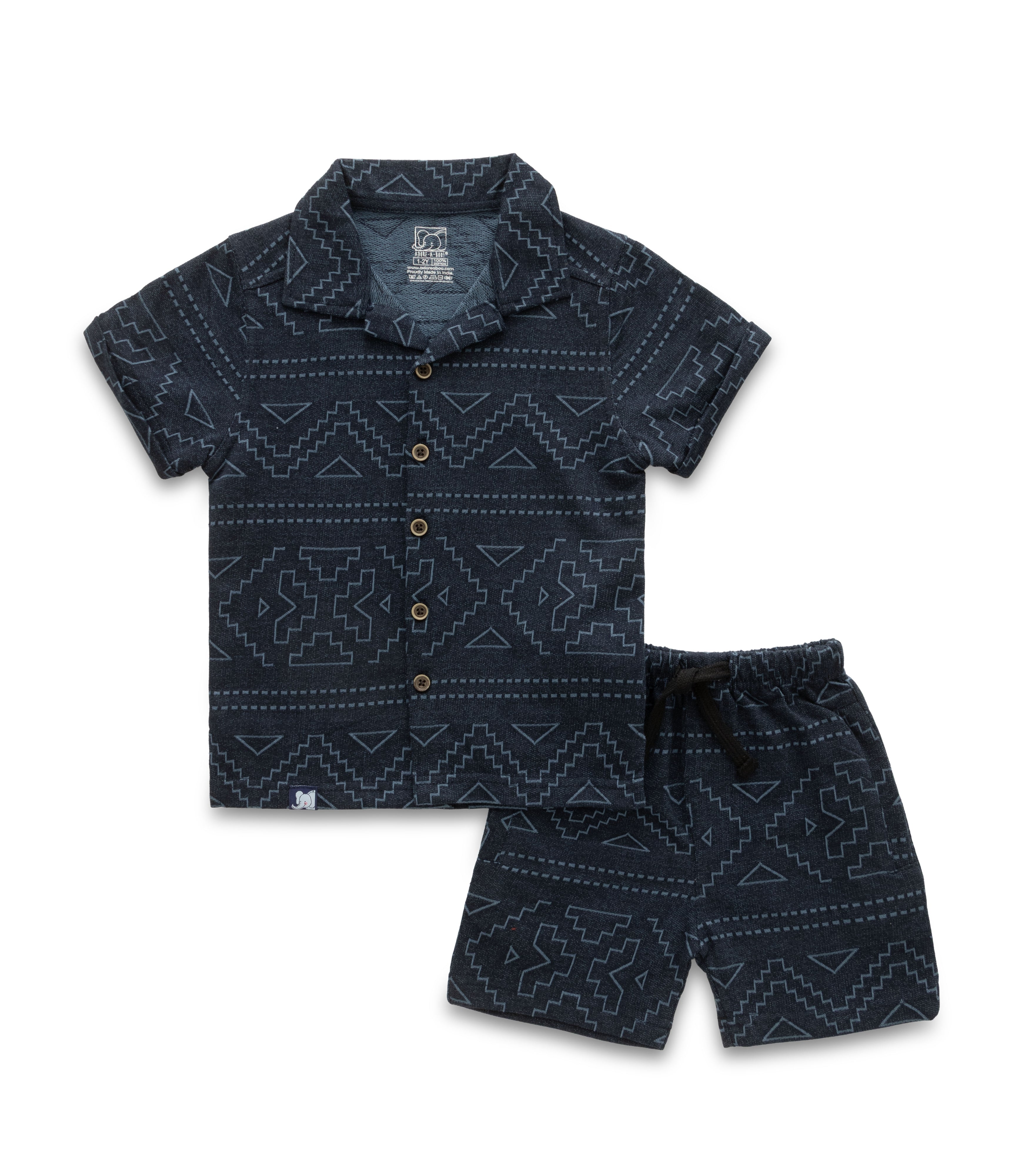 Geometrical Designed Navy Blue Boys Shirt & Shorts Set