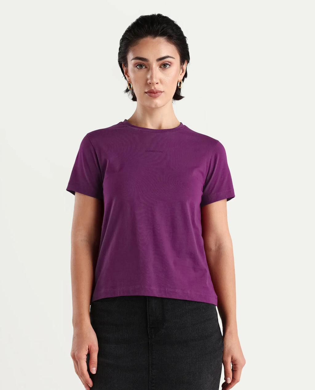 Rareism Women's Carob Dark Pink Cotton Blend Crew Neck Plain Regular Fit T-Shirt