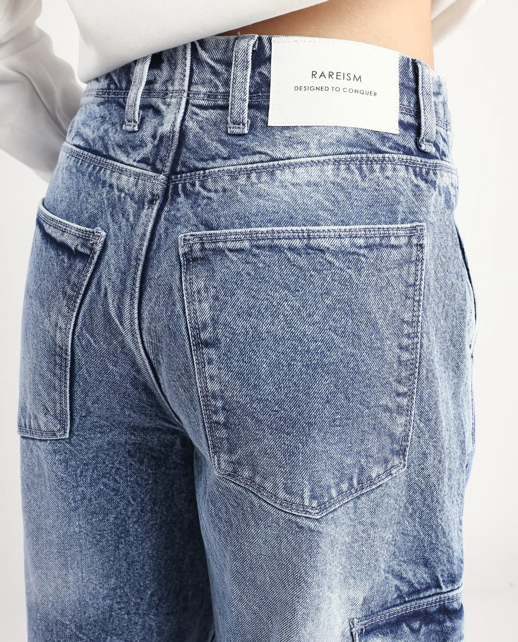 Rareism Women's Caro Light Blue Cotton Plain Ankle Length Baggy Jeans