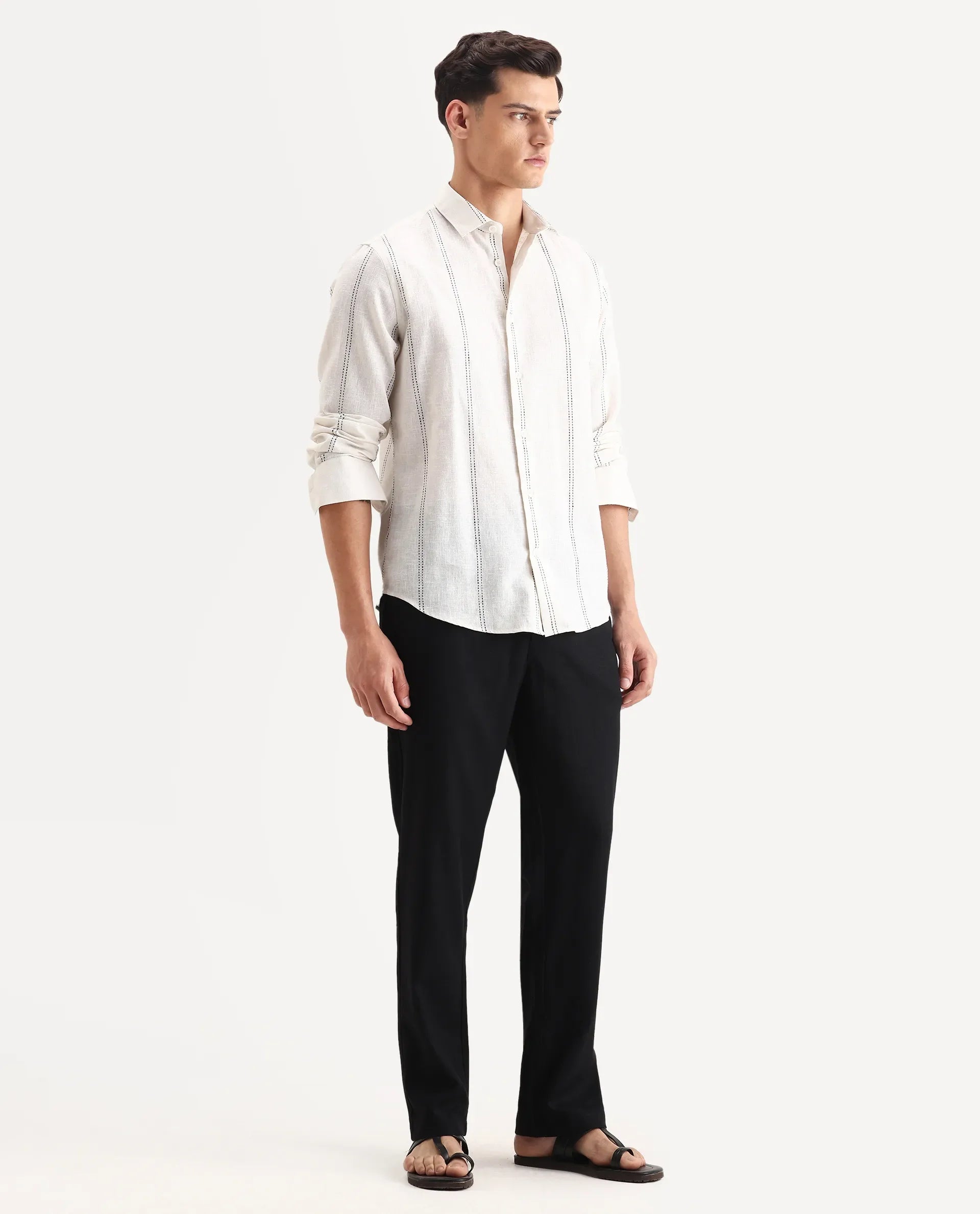 Rare Rabbit Men Chinio Black Linen Blend Drawstring Closure Plain Trouser
