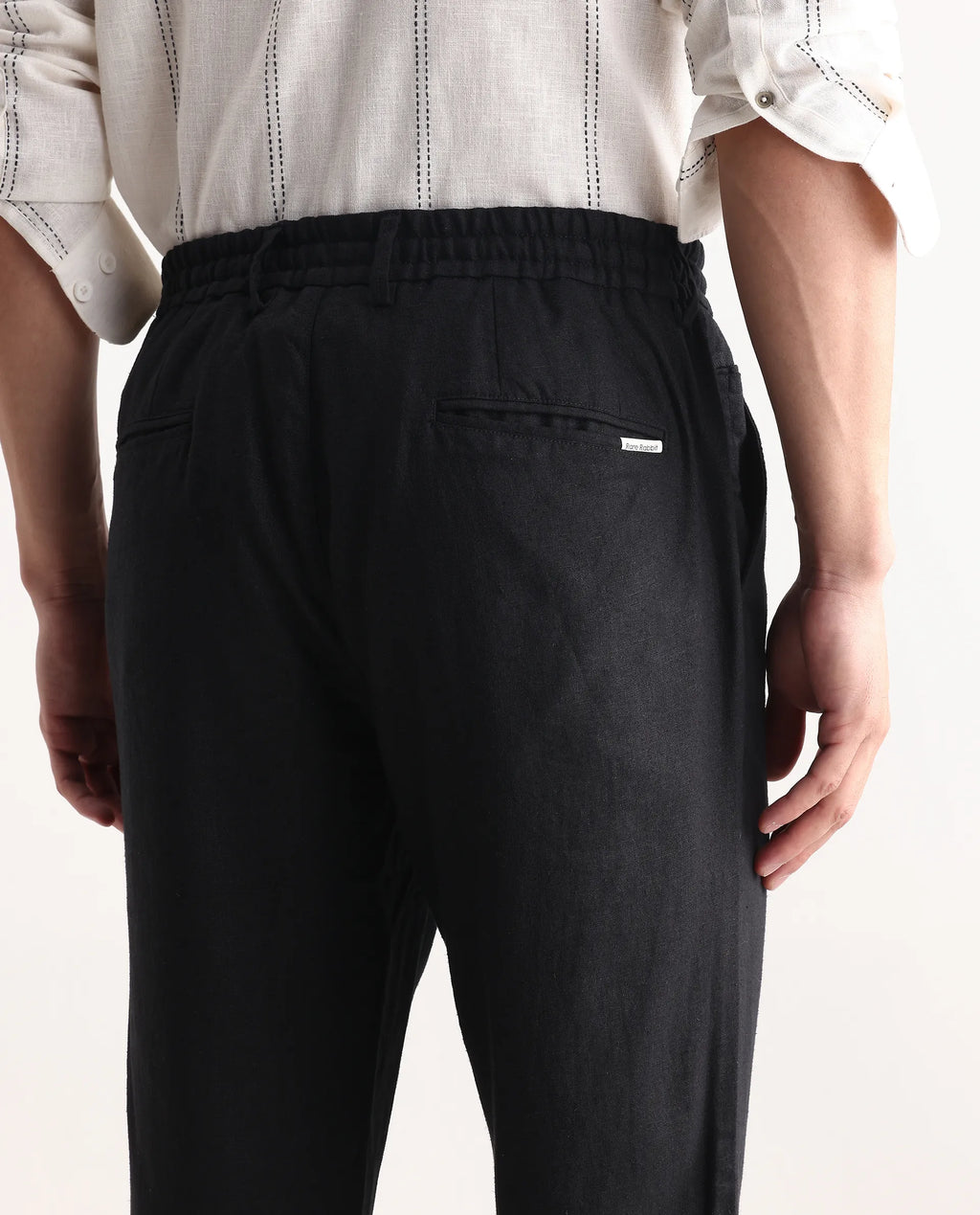 Rare Rabbit Men Chinio Black Linen Blend Drawstring Closure Plain Trouser