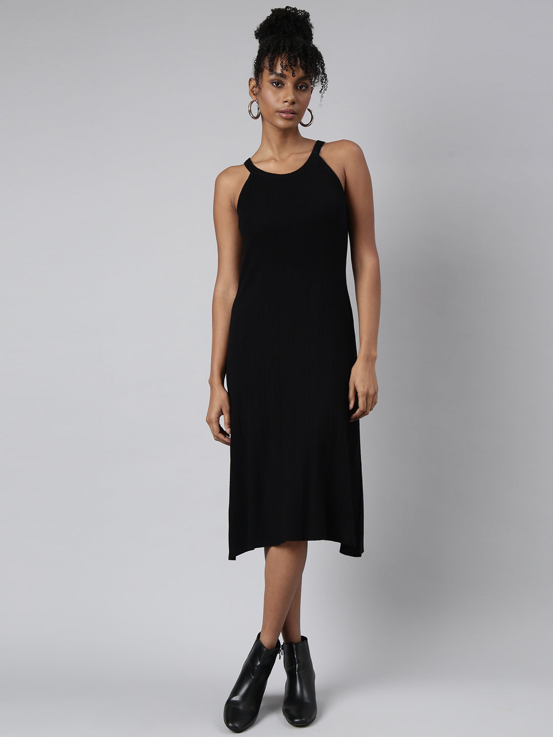 Women's Black Round Neck Sleeveless A-Line Midi Dress
