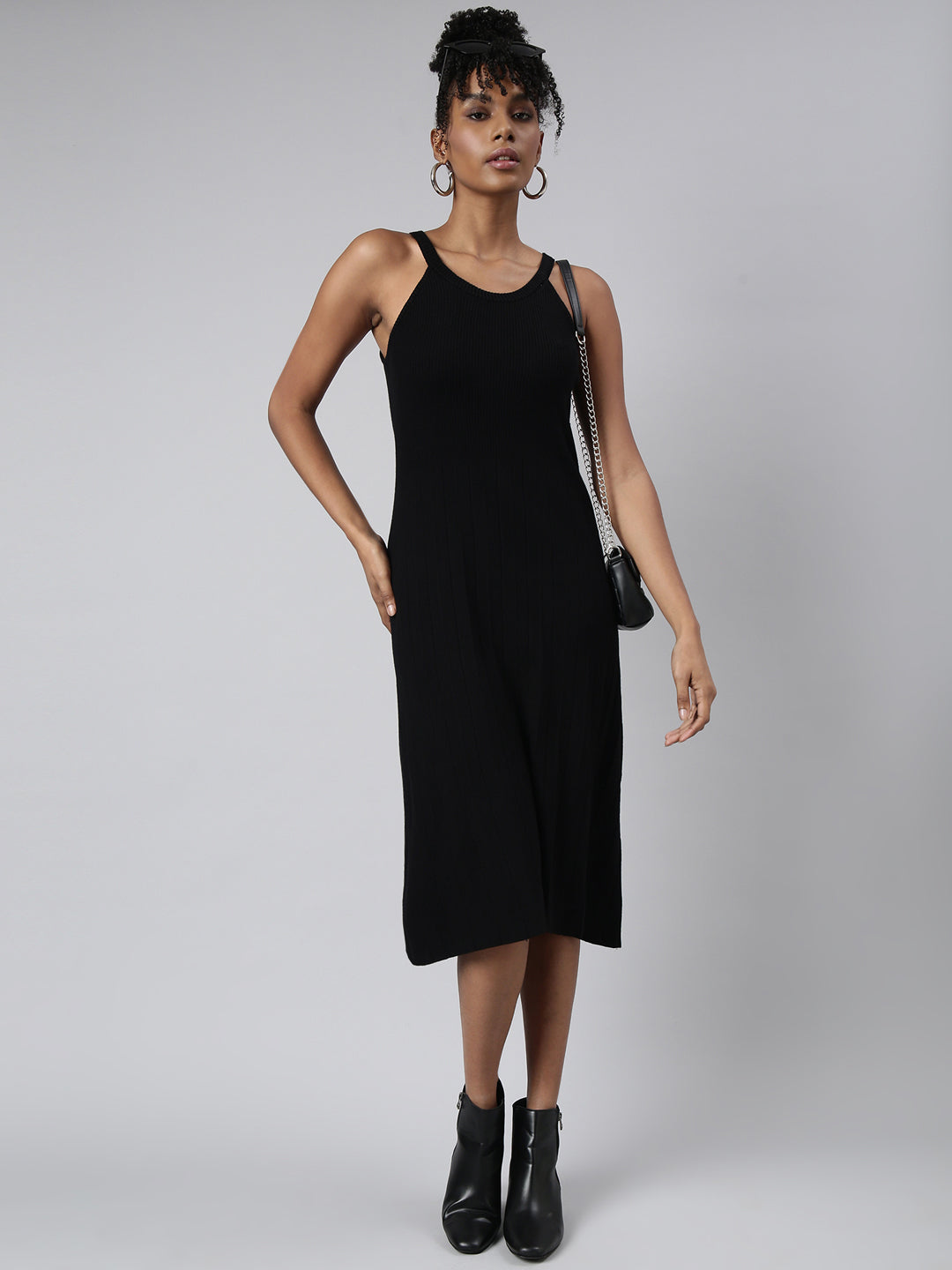 Women's Black Round Neck Sleeveless A-Line Midi Dress