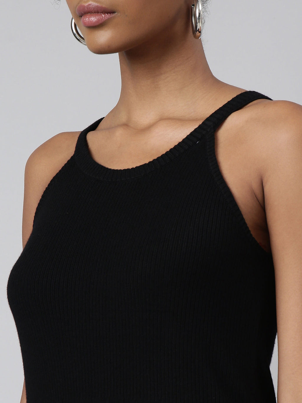 Women's Black Round Neck Sleeveless A-Line Midi Dress