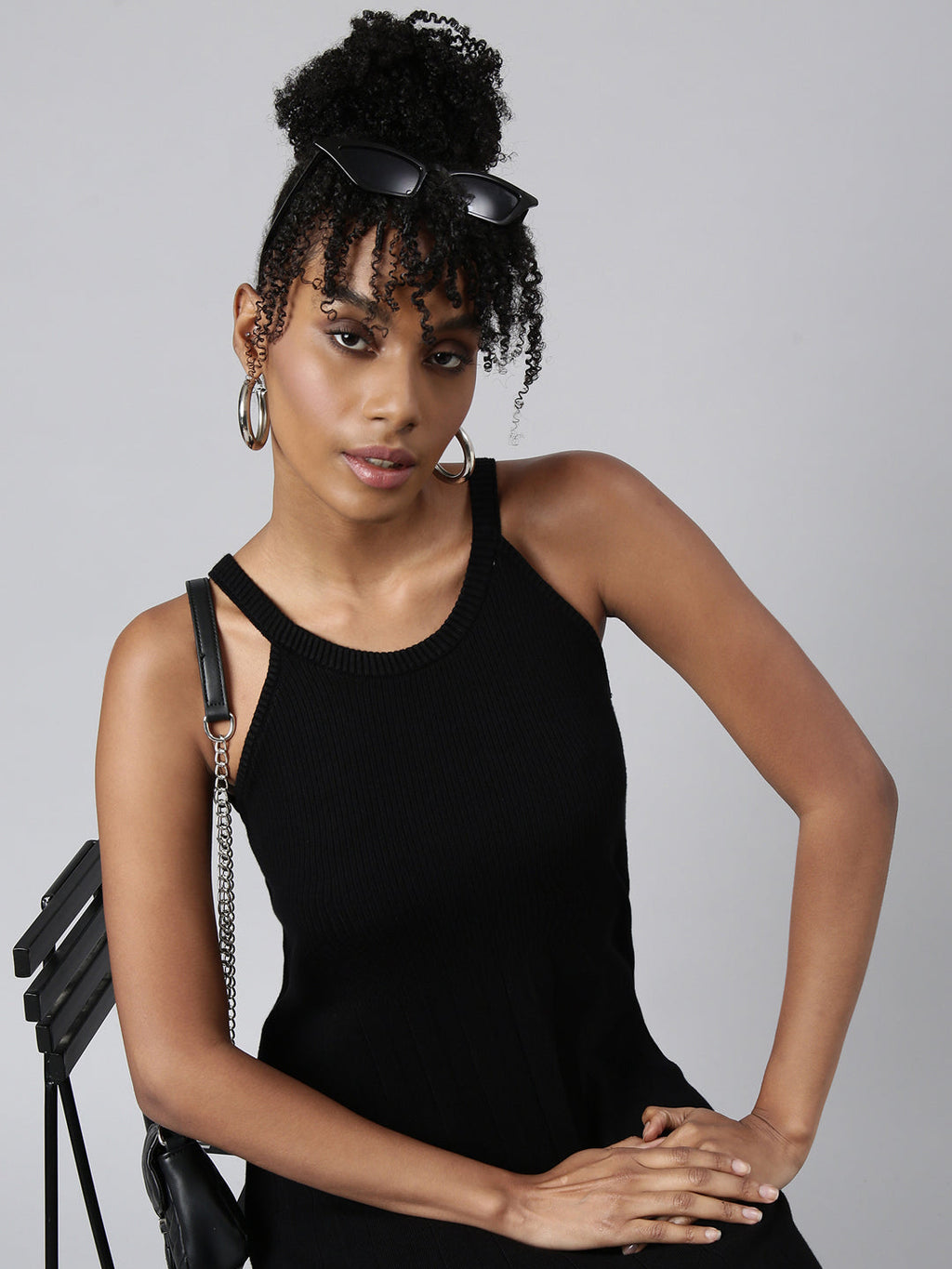 Women's Black Round Neck Sleeveless A-Line Midi Dress