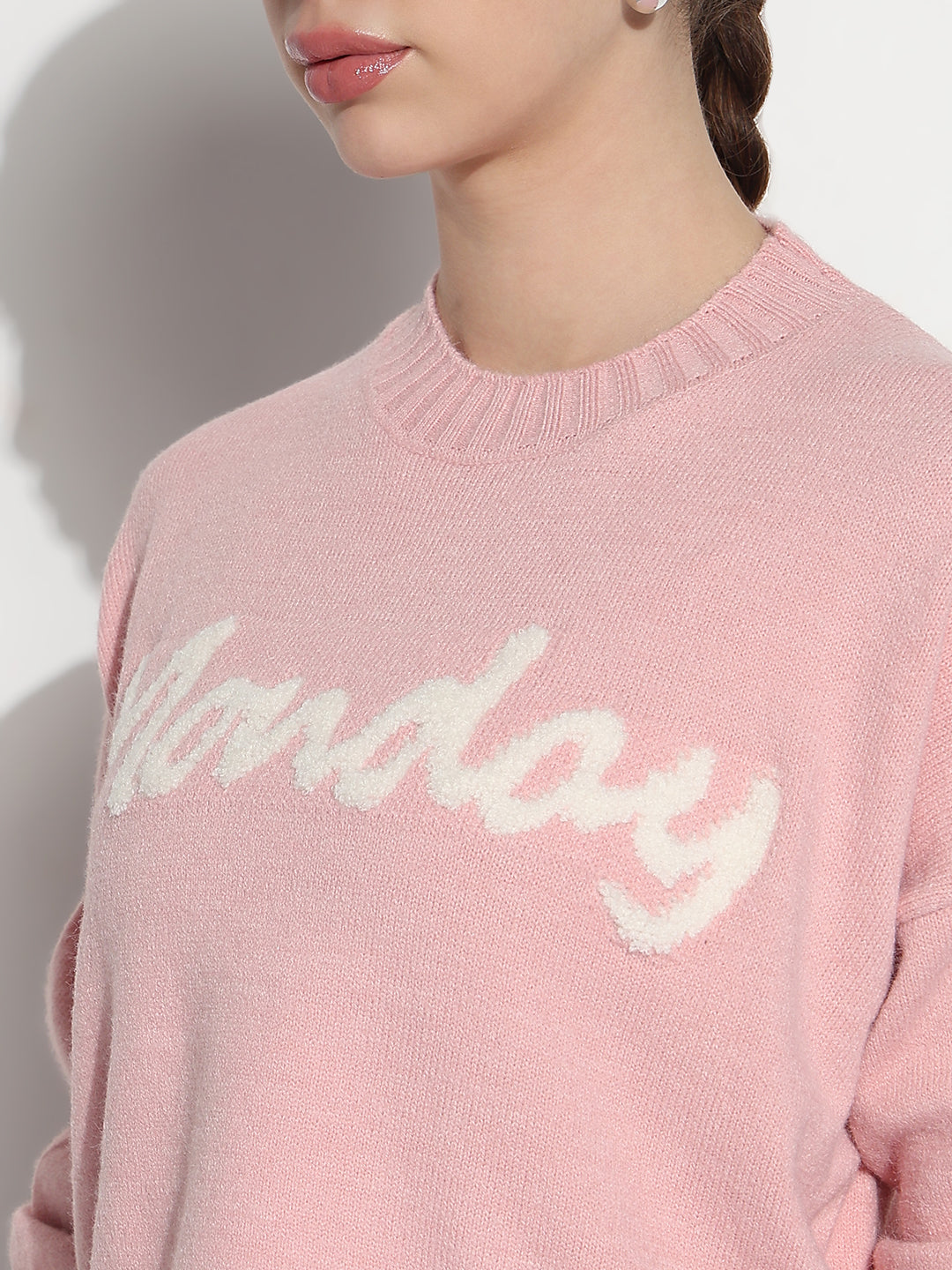 Women's Typography Pink Knitted Crew Neck Crop Top