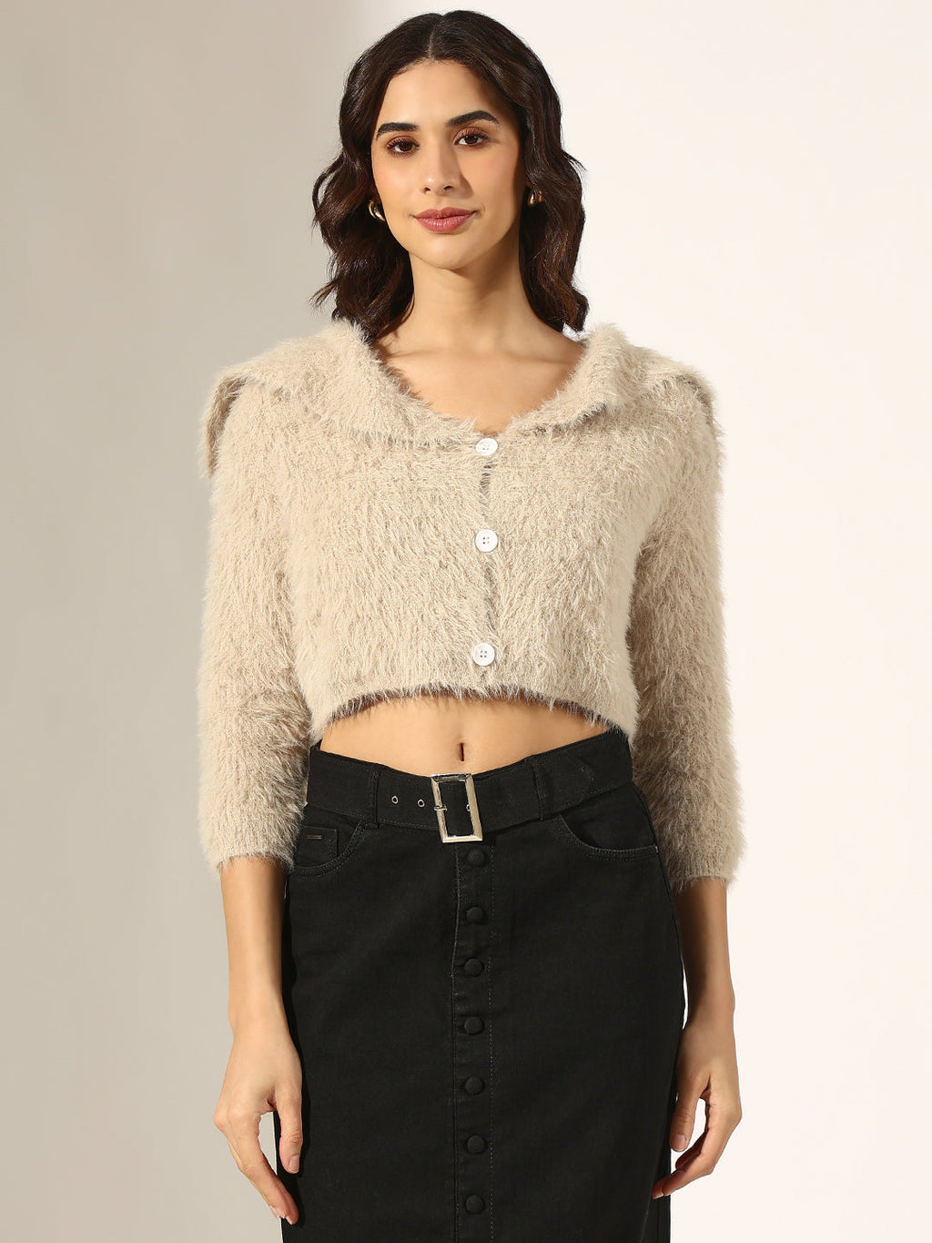 Women's Textured Beige Fuzzy Knit Button-Up Crop Top