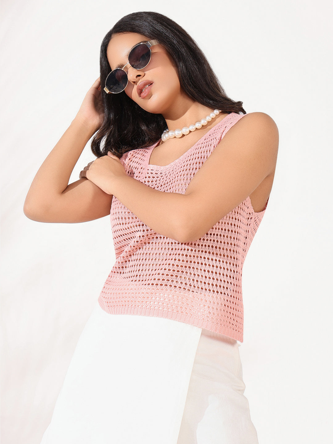 Women's Pink Polka Dots Self Design Crochet Top