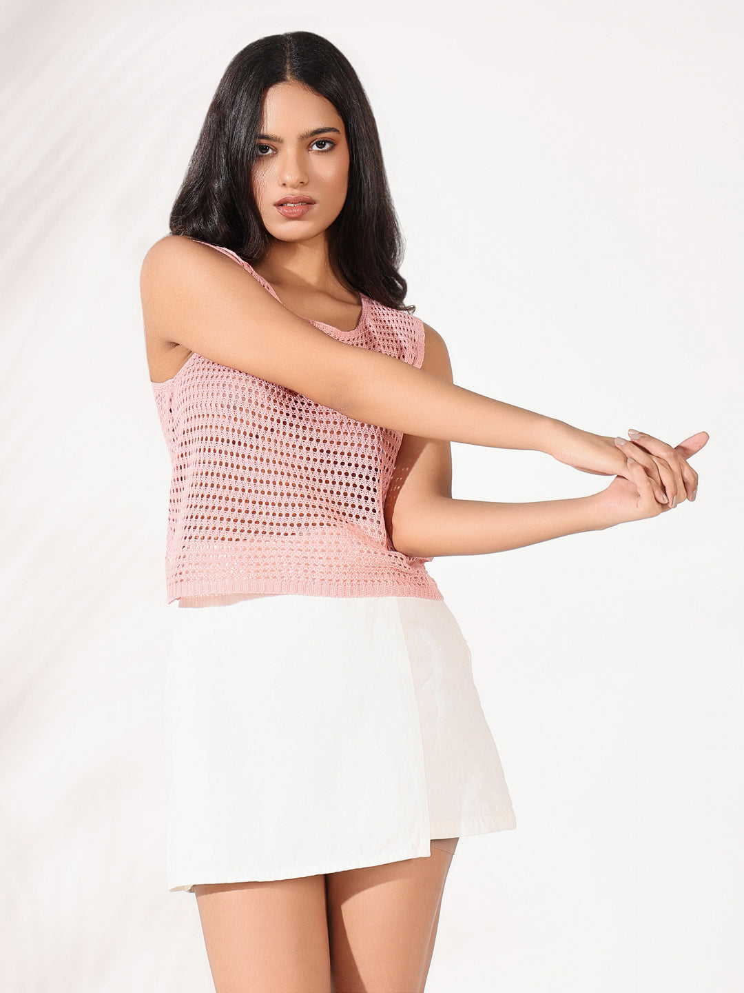 Women's Pink Polka Dots Self Design Crochet Top