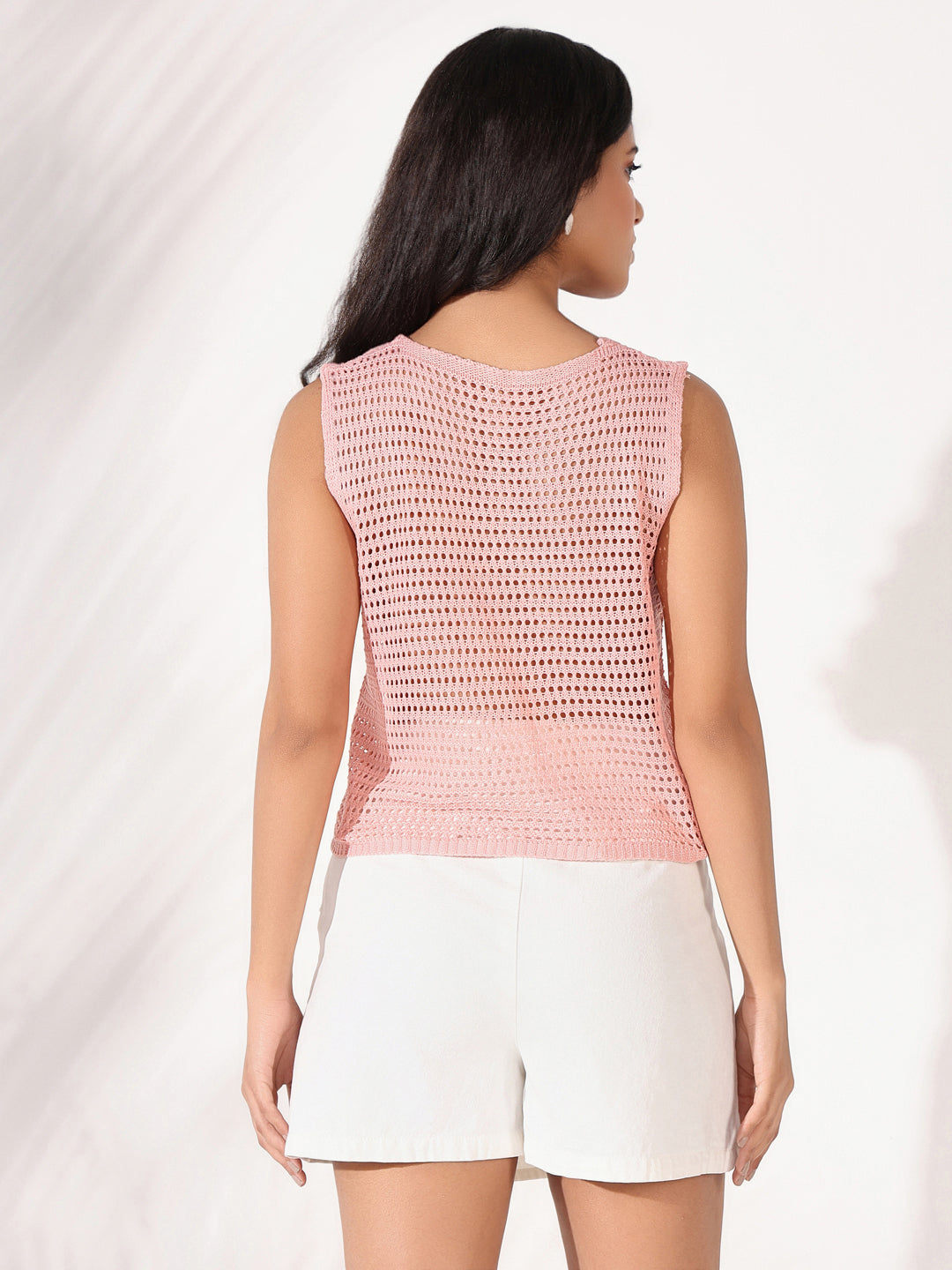 Women's Pink Polka Dots Self Design Crochet Top