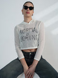 Women's Typography White Mesh Cropped Hoodie with Tank Top