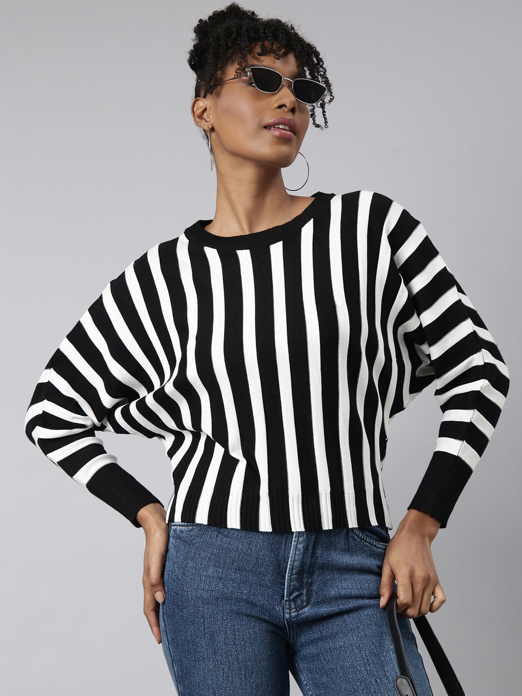 Women's Black Striped Round Neck Striped Extended Sleeves Top