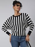 Women's Black Striped Round Neck Striped Extended Sleeves Top