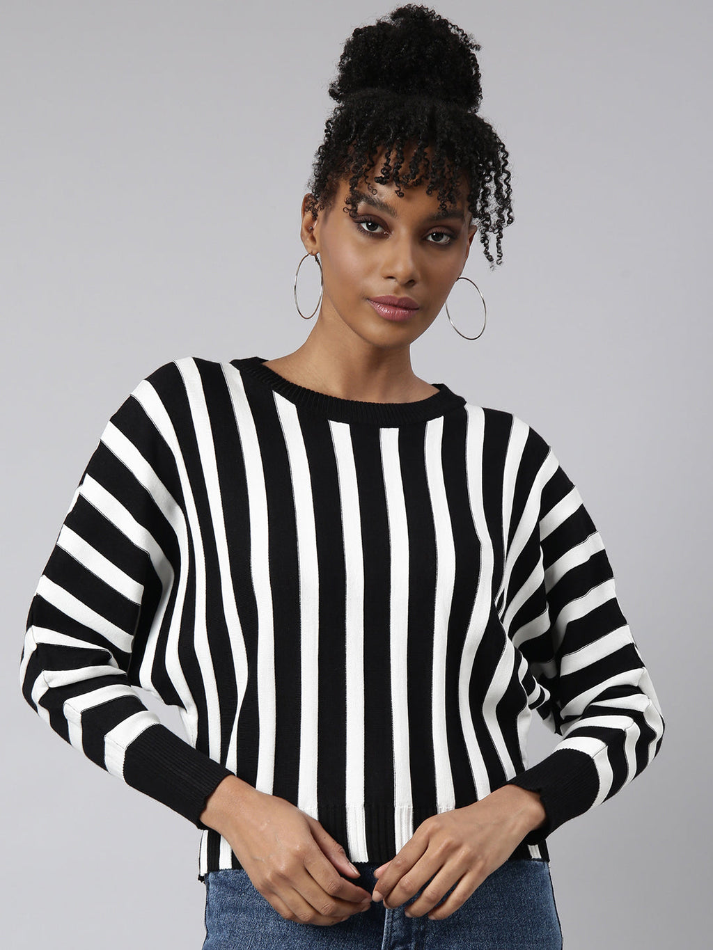 Women's Black Striped Round Neck Striped Extended Sleeves Top
