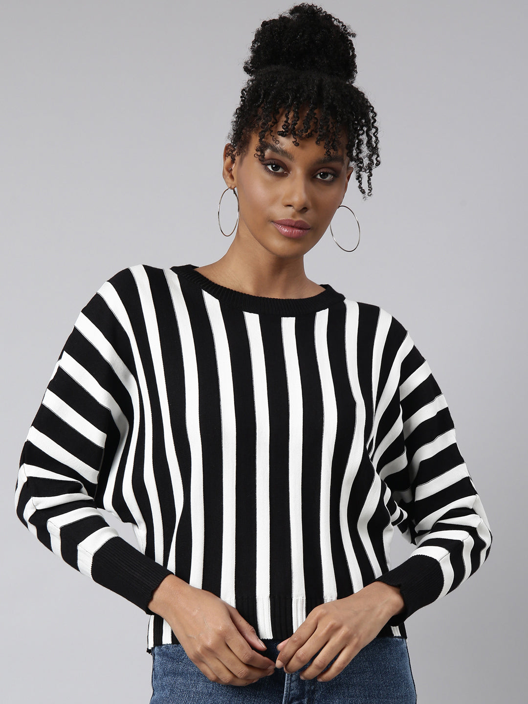 Women's Black Striped Round Neck Striped Extended Sleeves Top