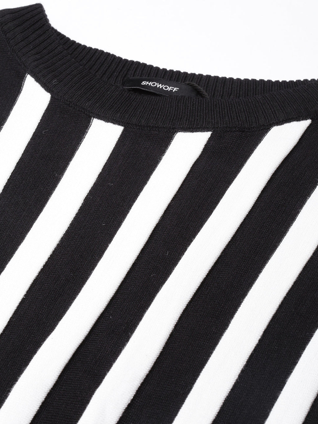 Women's Black Striped Round Neck Striped Extended Sleeves Top