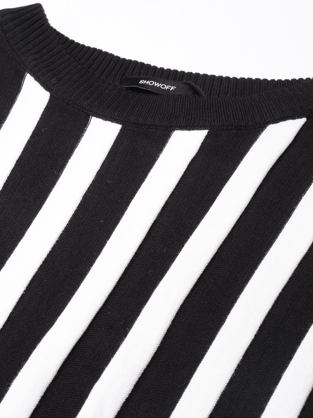 Women's Black Striped Round Neck Striped Extended Sleeves Top