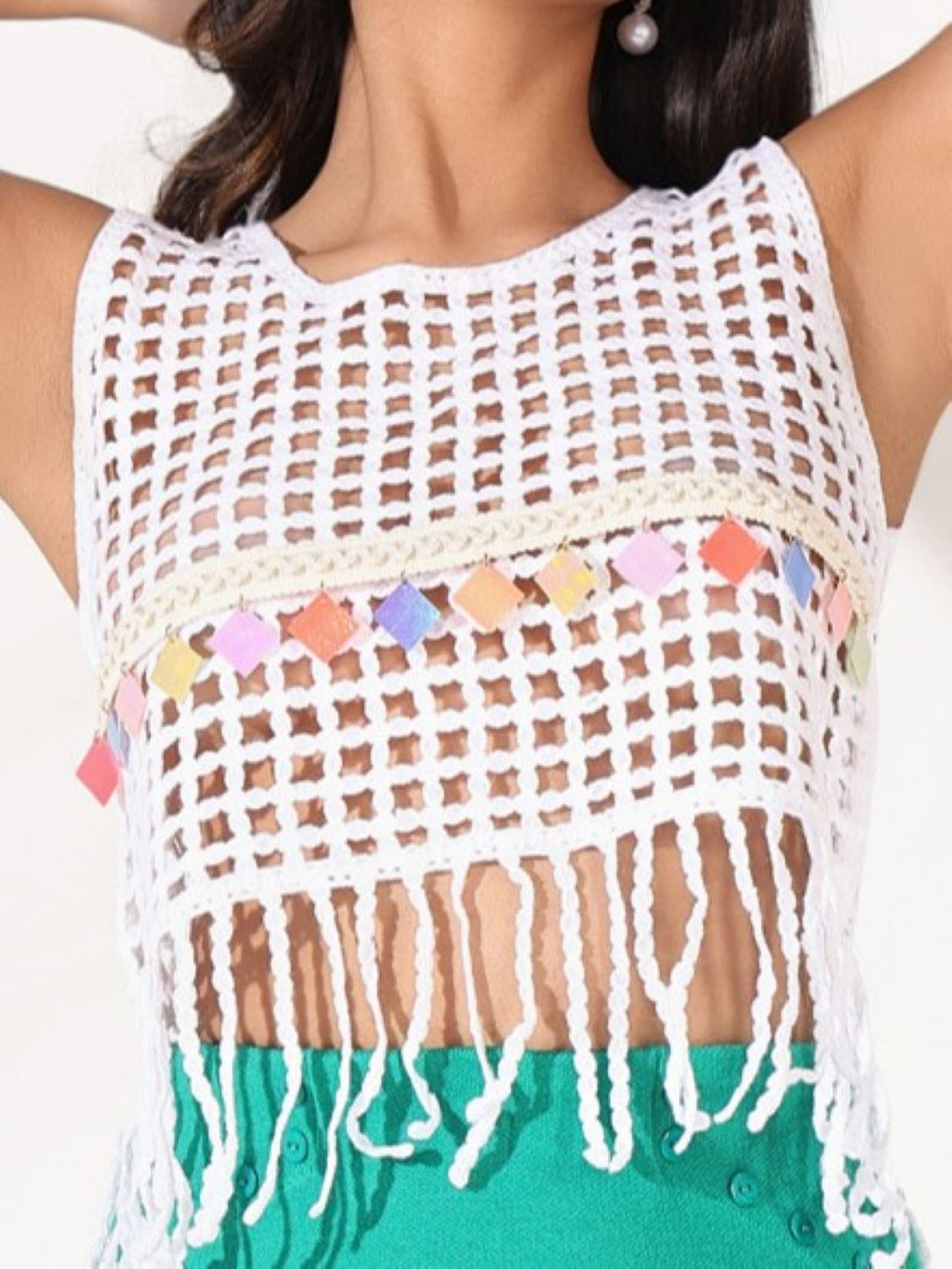 Women's White Self Design Crochet Crop Top