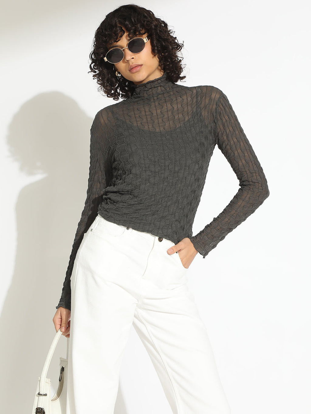 Women's Grey Fitted High Neck Top