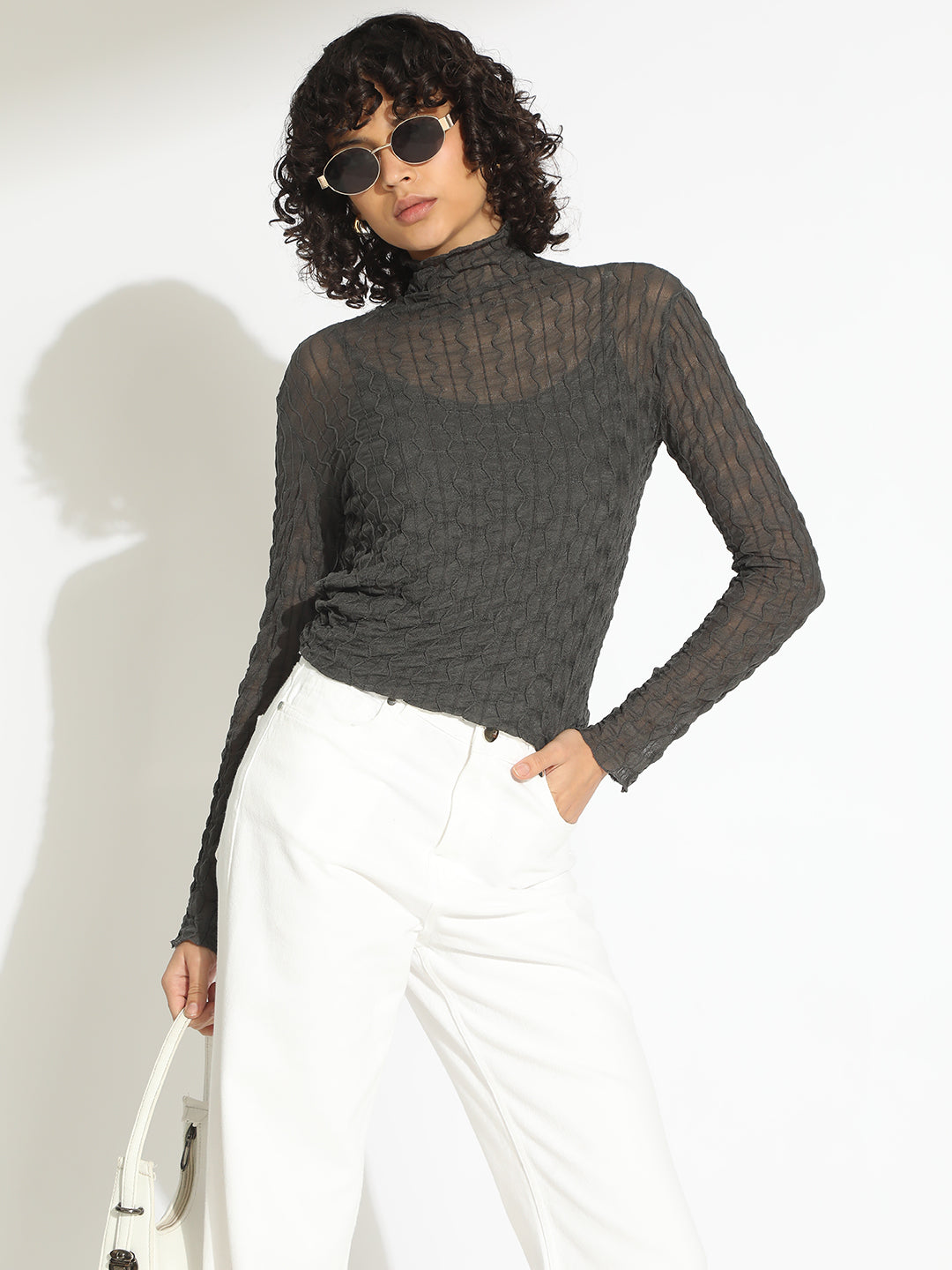 Women's Grey Fitted High Neck Top