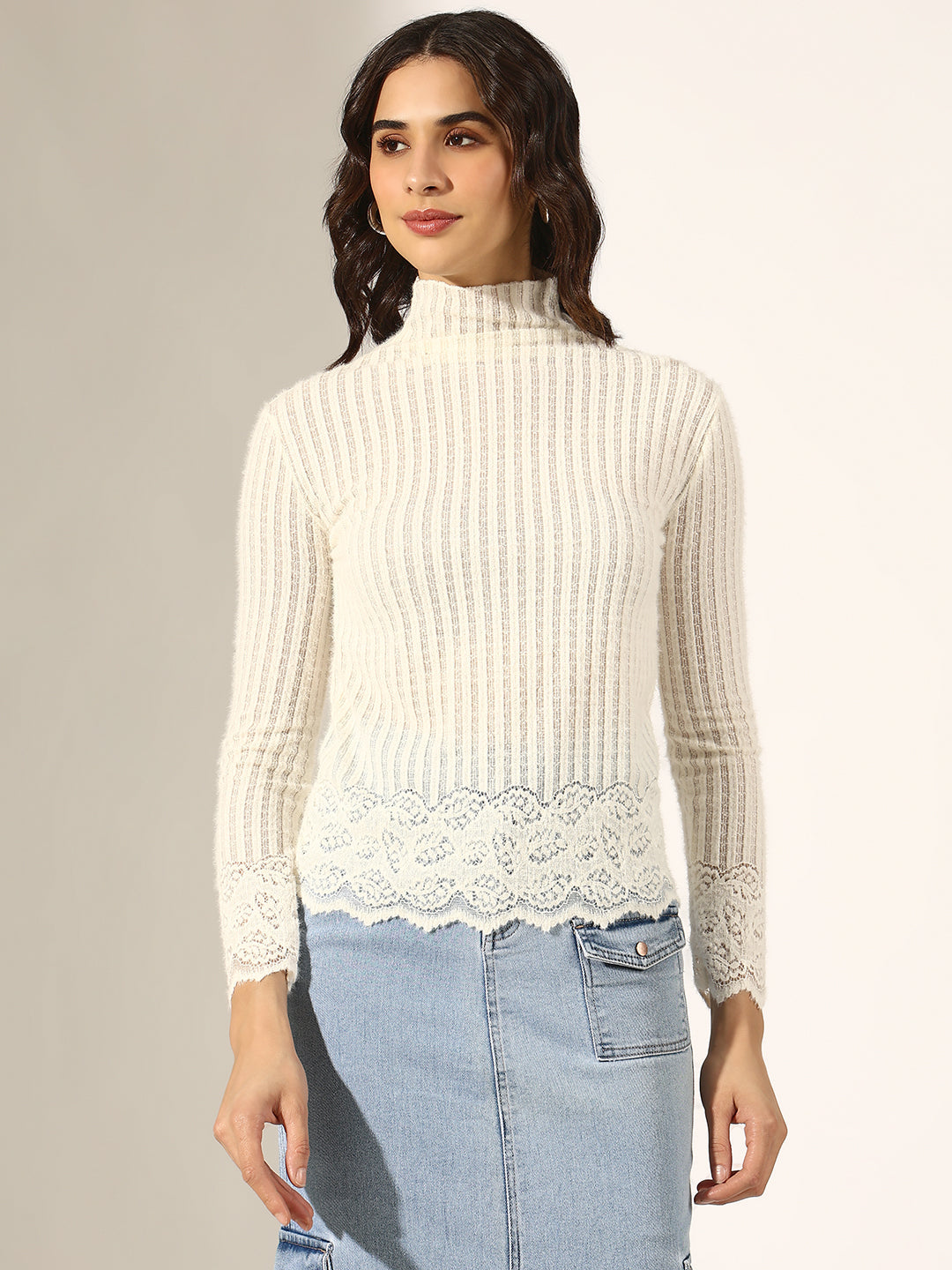 Women's Ribbed White Lace Trim High Neck Long Sleeve Top