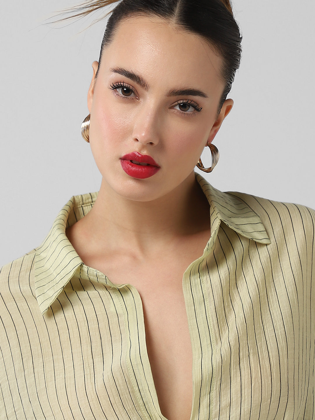 Women's Green Striped Shirt Style Crop Top