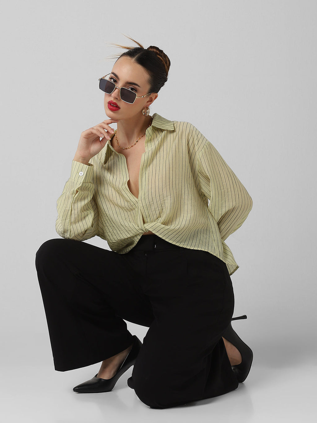 Women's Green Striped Shirt Style Crop Top