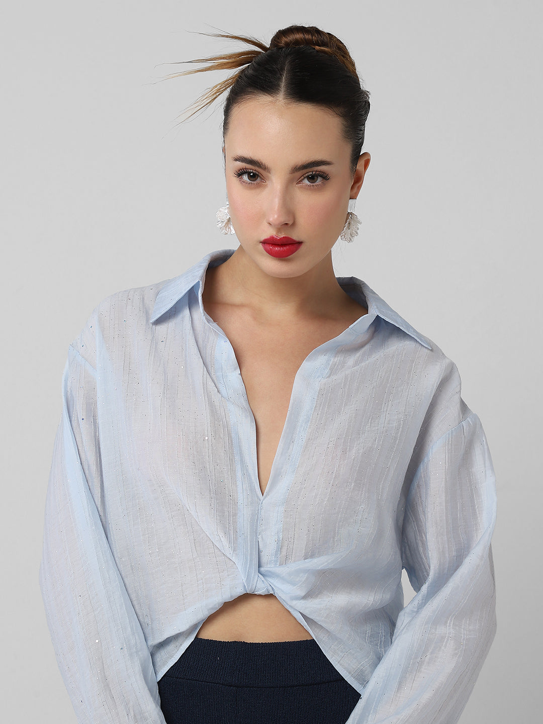 Women's Blue Studded Shirt Style Crop Top