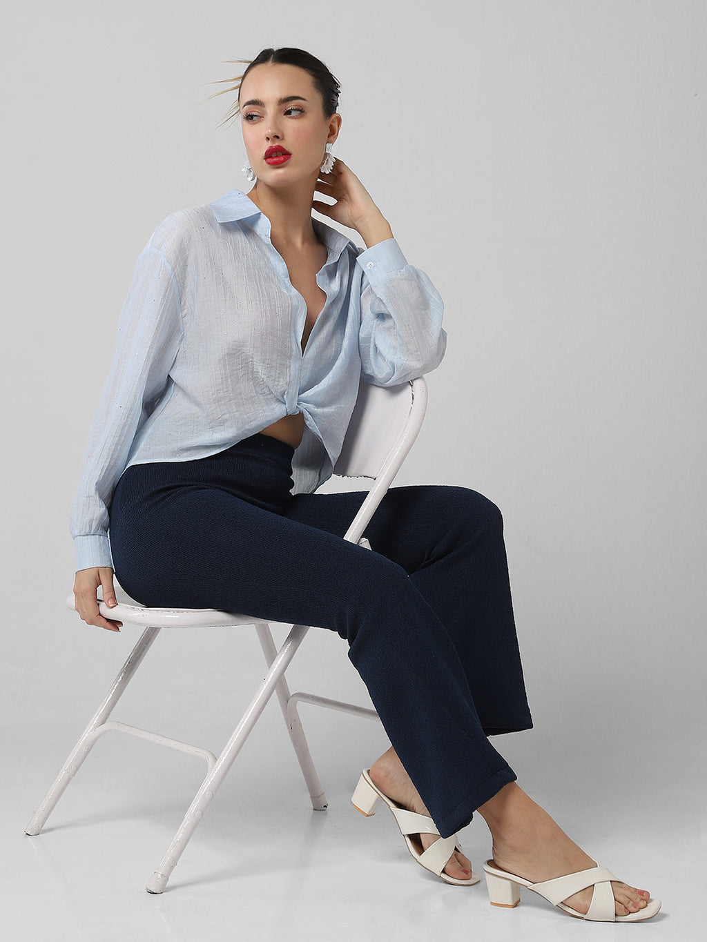 Women's Blue Studded Shirt Style Crop Top
