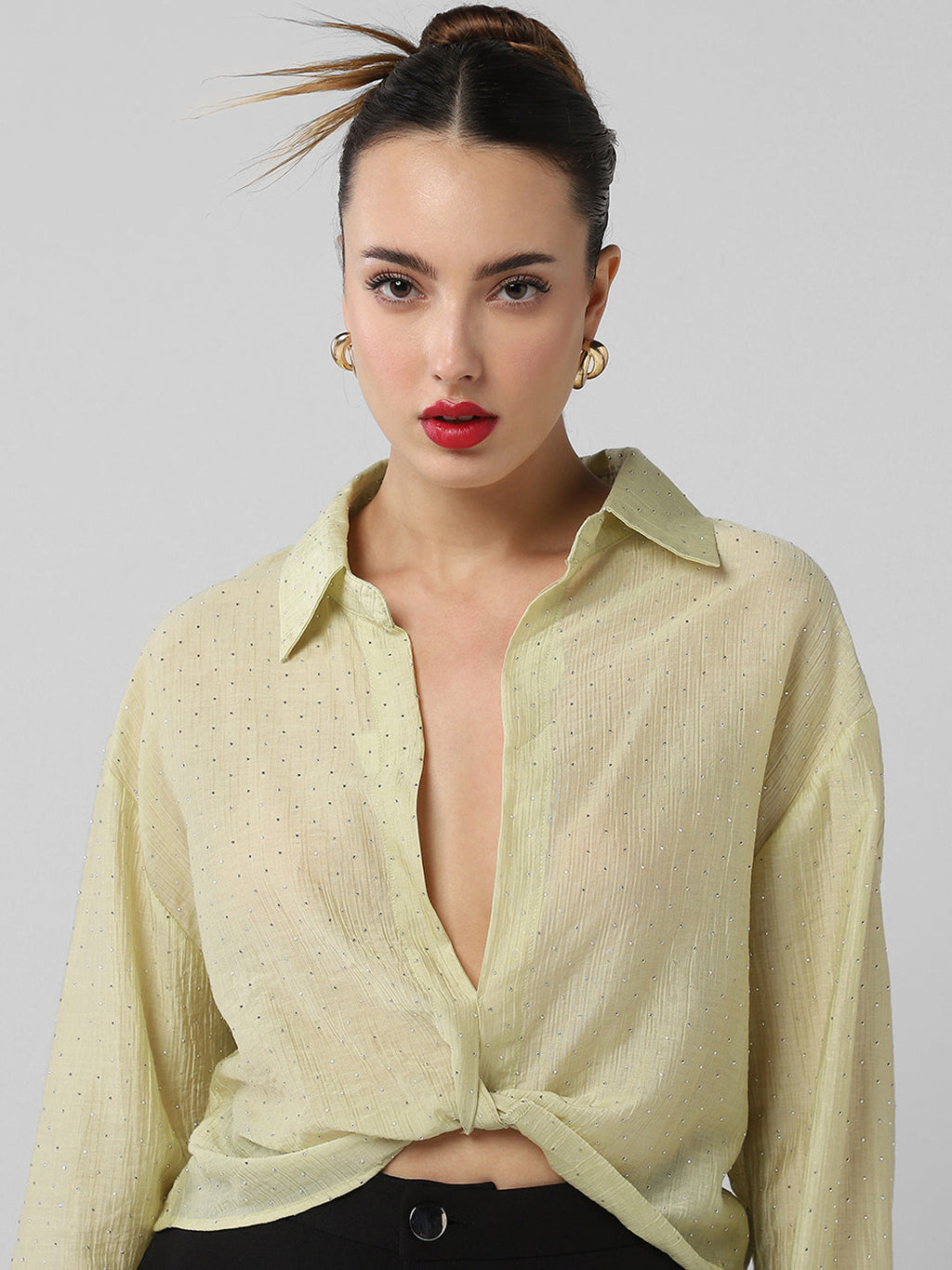 Women's Green Shirt Style Crop Top