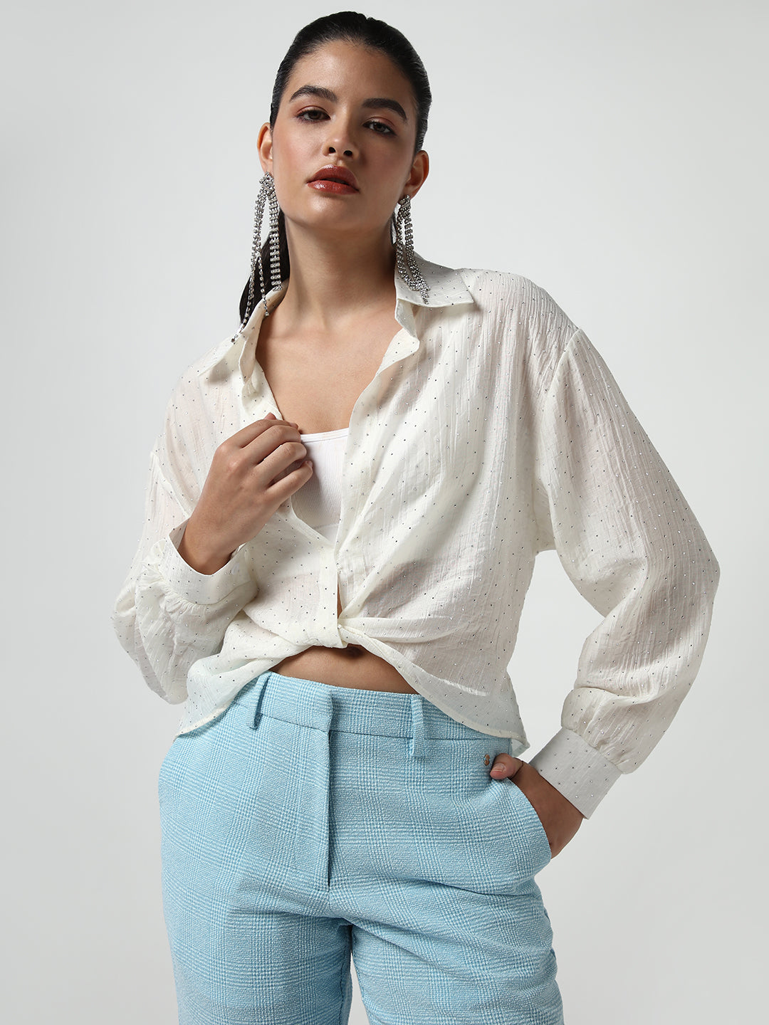 Women's Off White Shirt Collar Long Sleeves Studded Shirt Style Crop Top