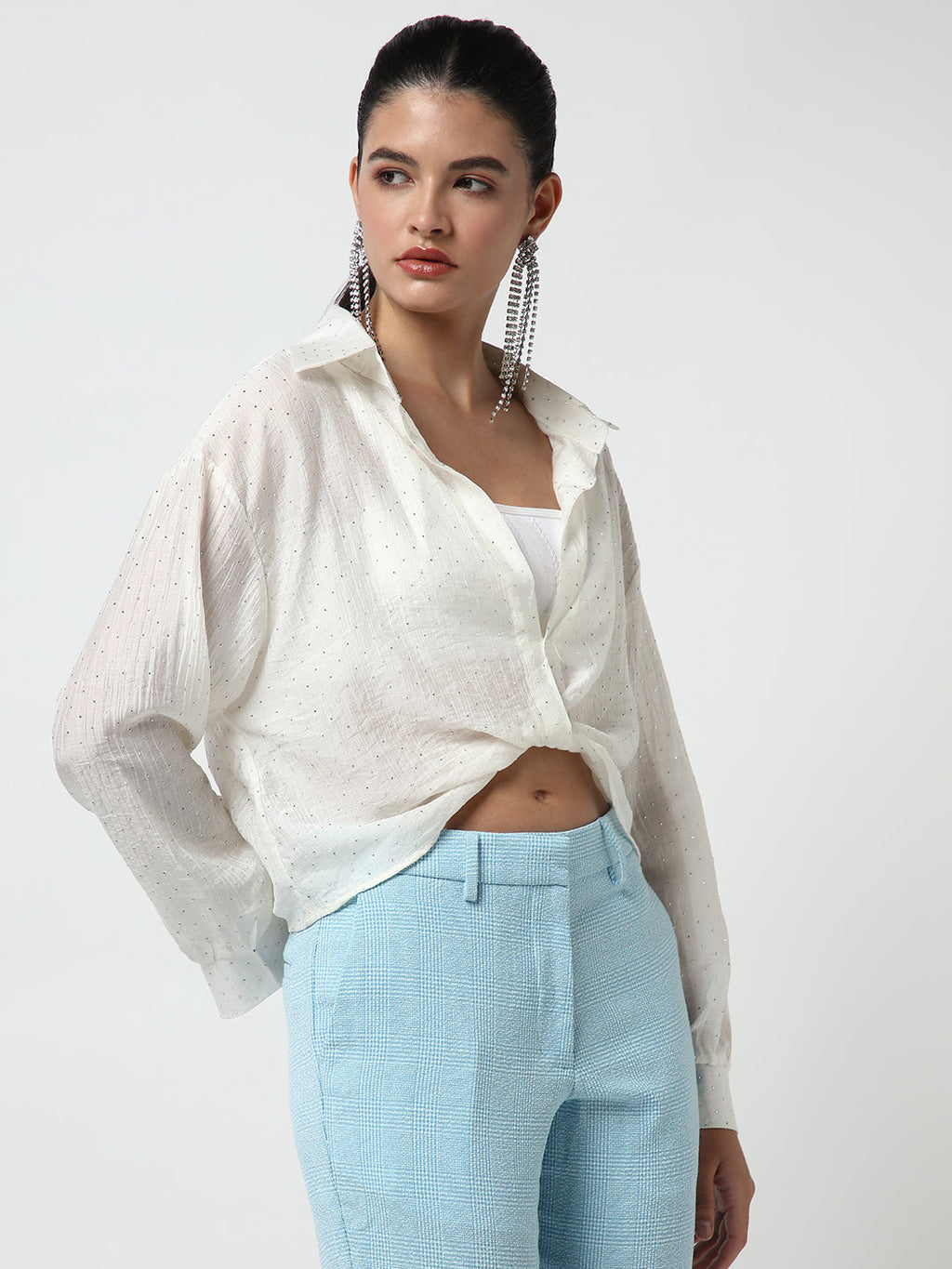 Women's Off White Shirt Collar Long Sleeves Studded Shirt Style Crop Top