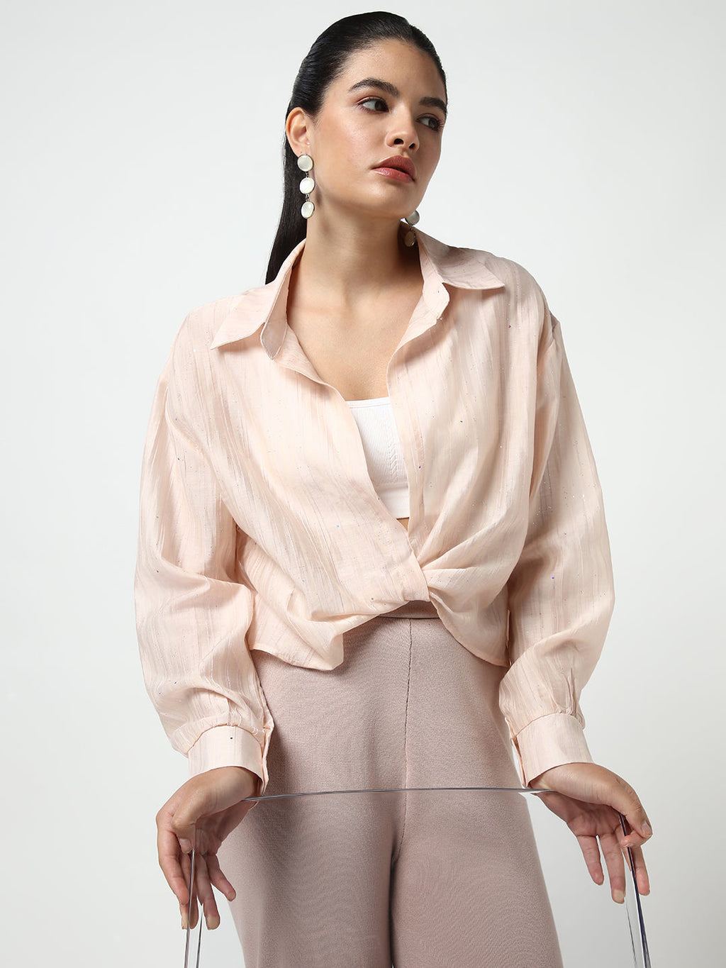 Women's Peach Shirt Collar Studded Shirt Style Crop Top