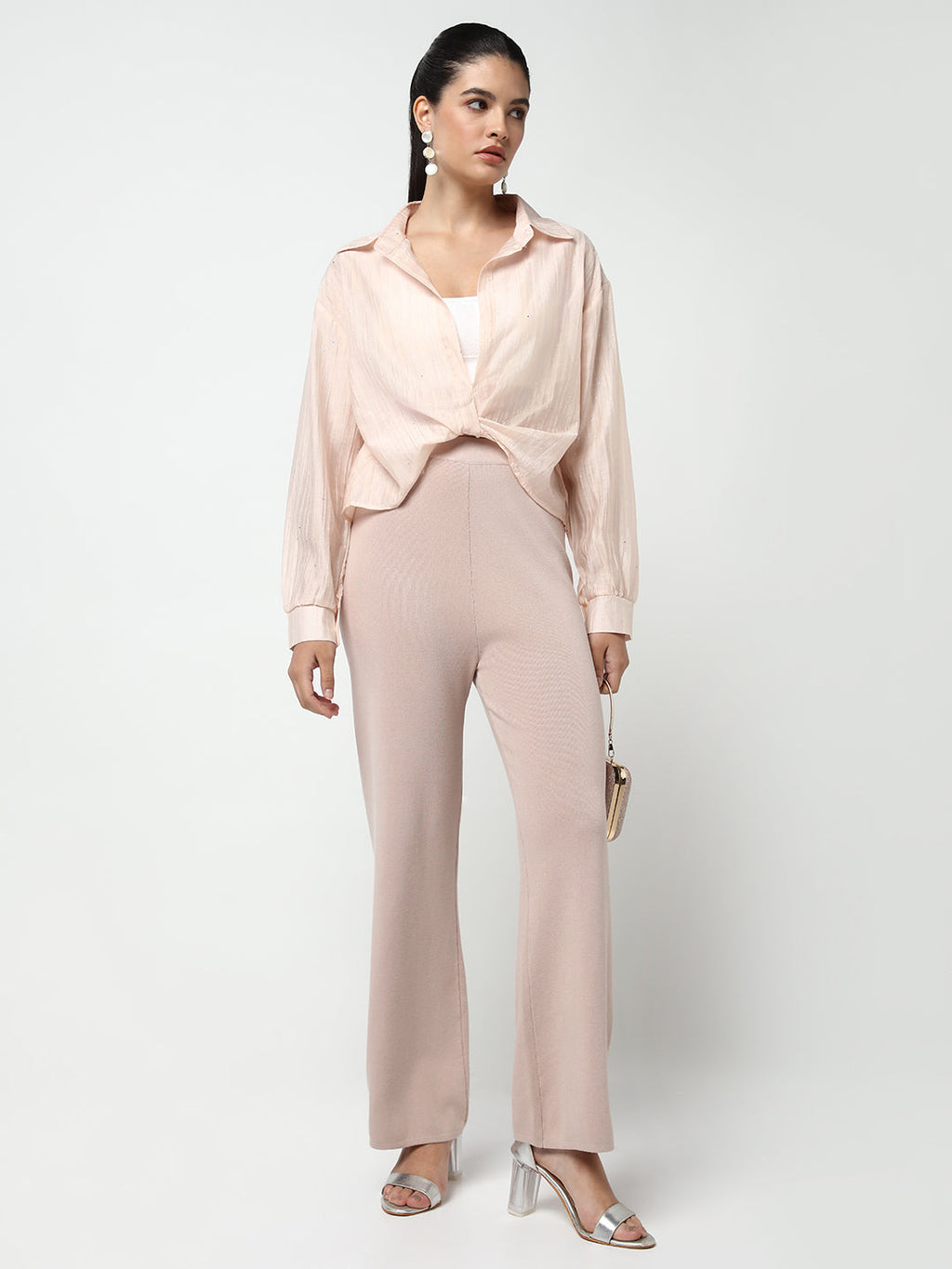 Women's Peach Shirt Collar Studded Shirt Style Crop Top