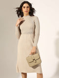 Women's Beige Knitted Fit and Flare Midi Dress