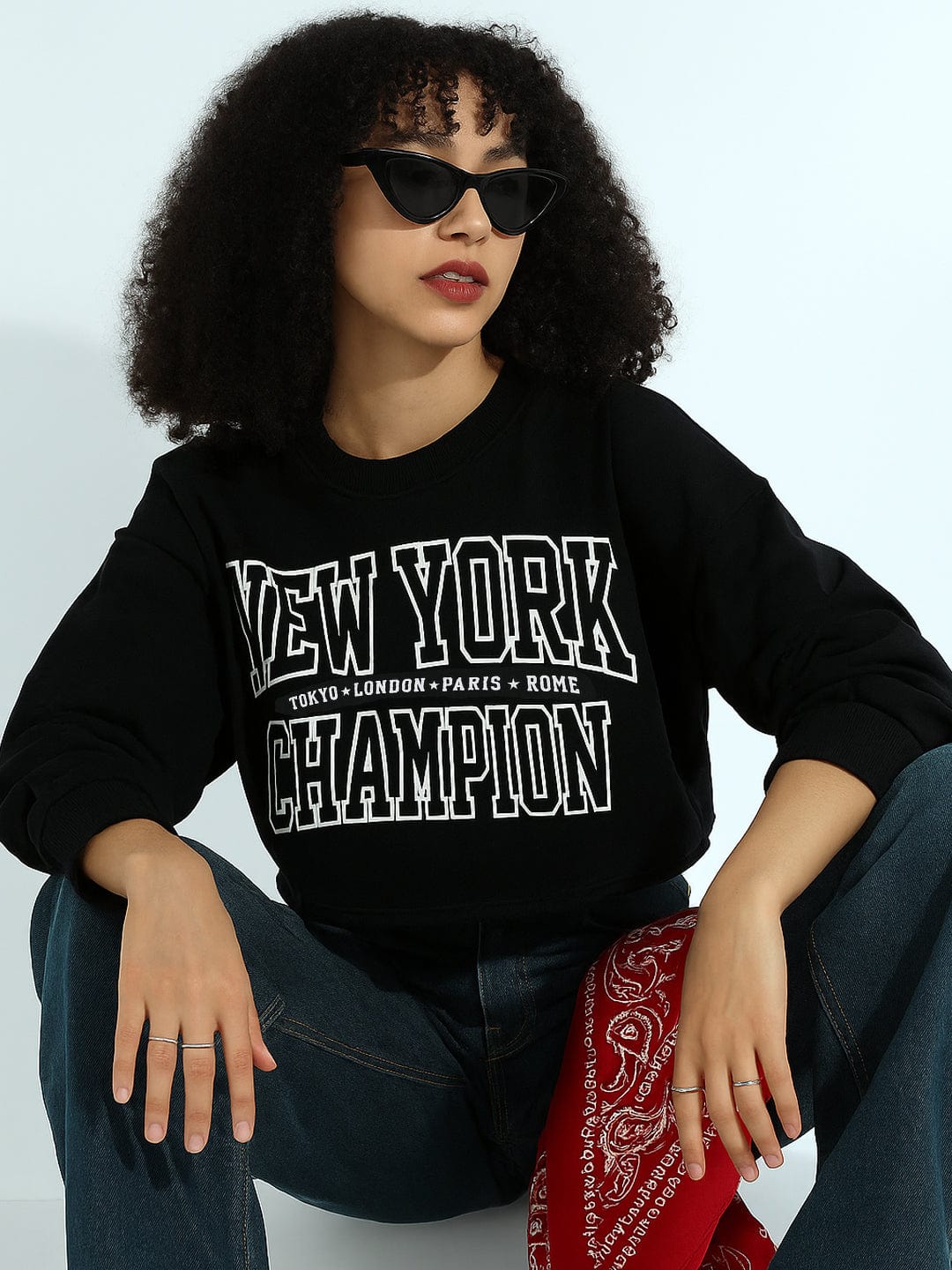 Women's Printed Black Urban Street Style Cropped Sweatshirt Top