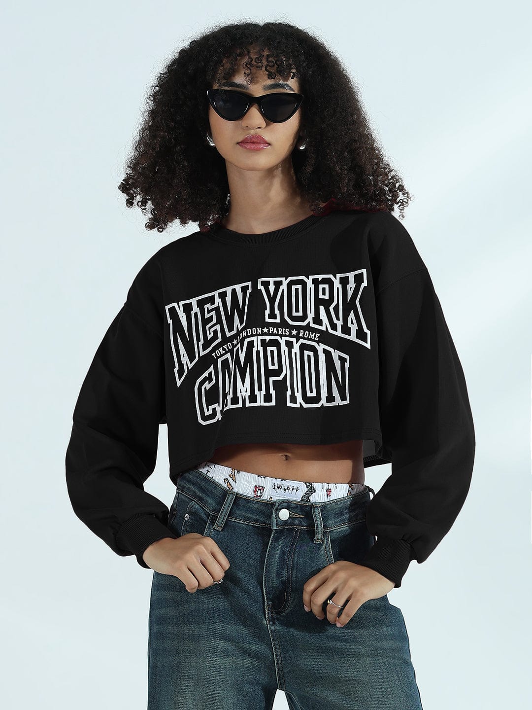 Women's Printed Black Urban Street Style Cropped Sweatshirt Top