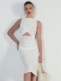 Women's Textured White Cut-out Midi Bodycon Dress