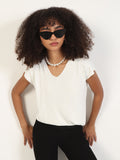 Women's White Extended Sleeves V-Neck Solid Top