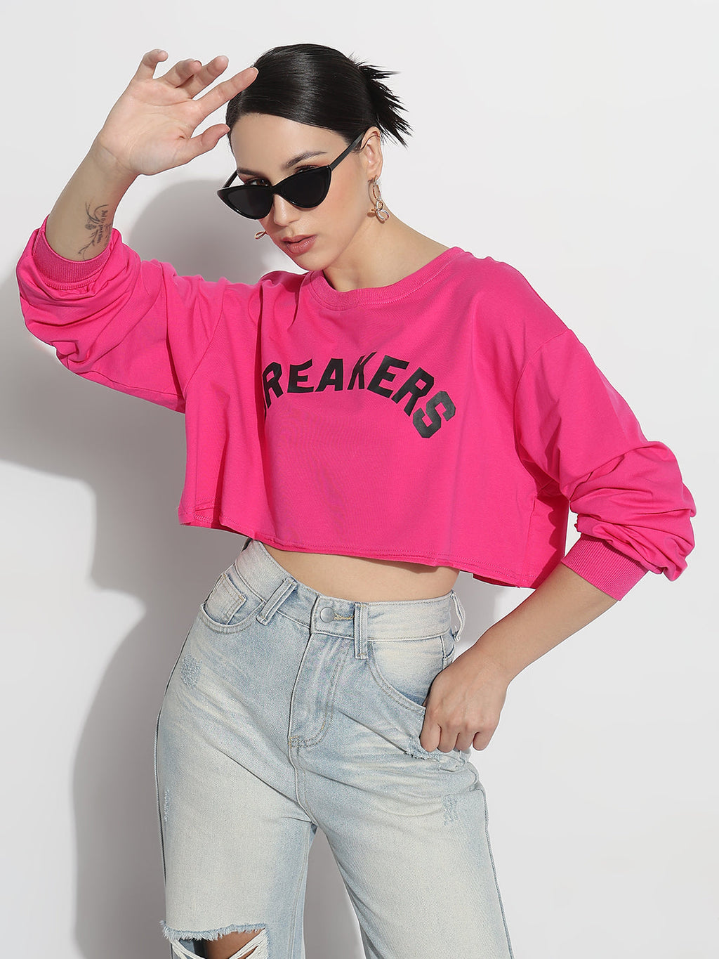Women's Typography Pink Crew Neck Crop Top