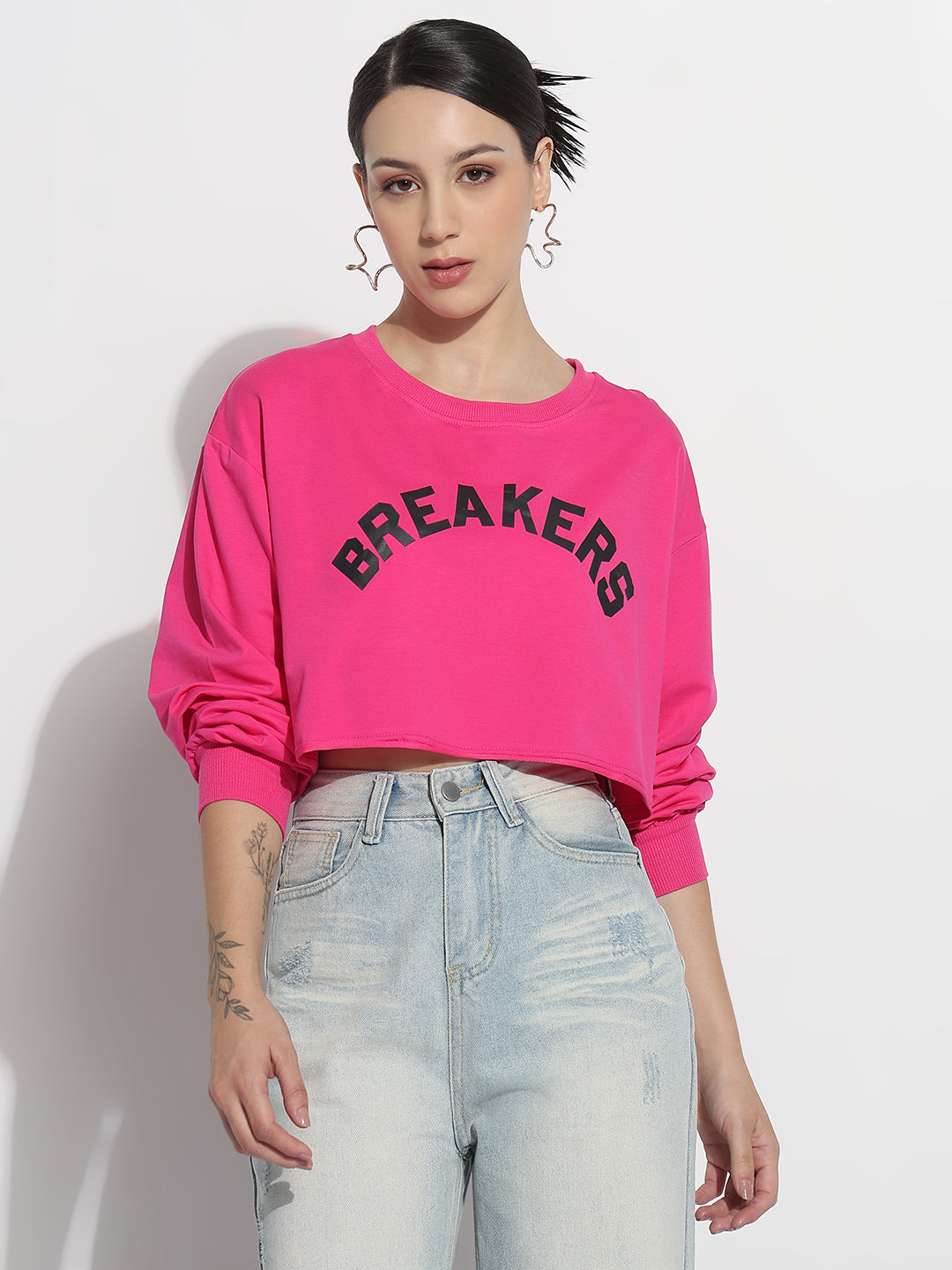 Women's Typography Pink Crew Neck Crop Top