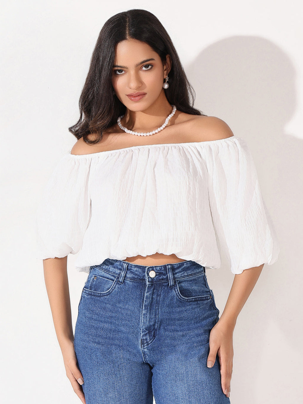 Women's White Solid Crop Top with Chain
