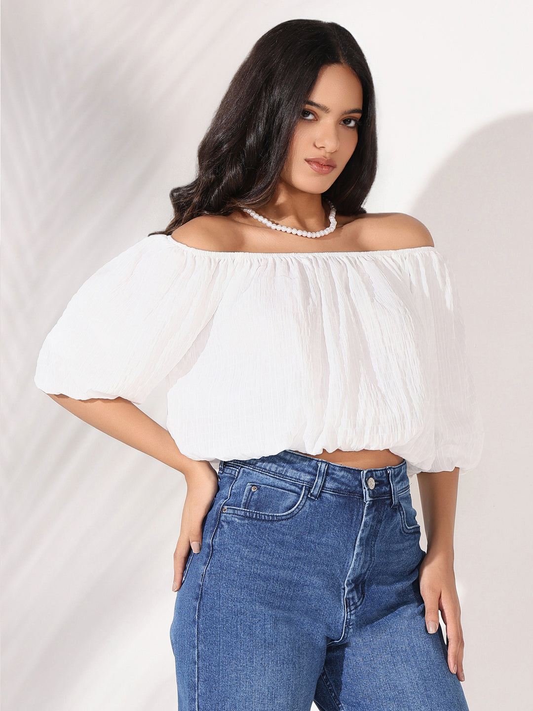 Women's White Solid Crop Top with Chain
