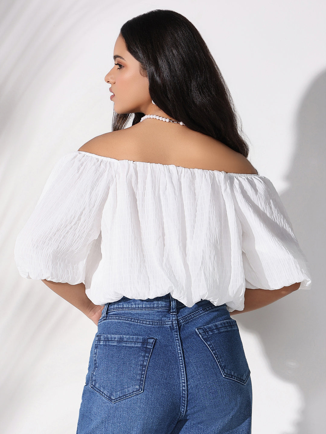 Women's White Solid Crop Top with Chain