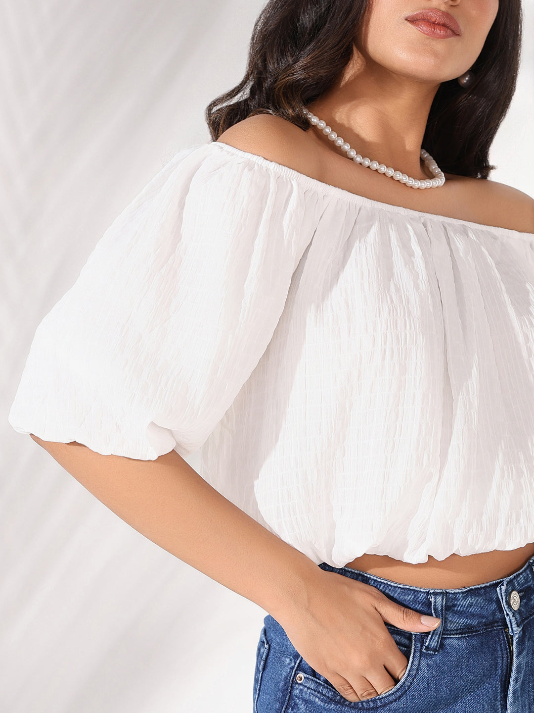 Women's White Solid Crop Top with Chain