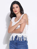 Women's White Round Neck Crochet Crop Top