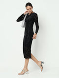 Women's Floral Black Velvet Bodycon Maxi Dress with Back Slit