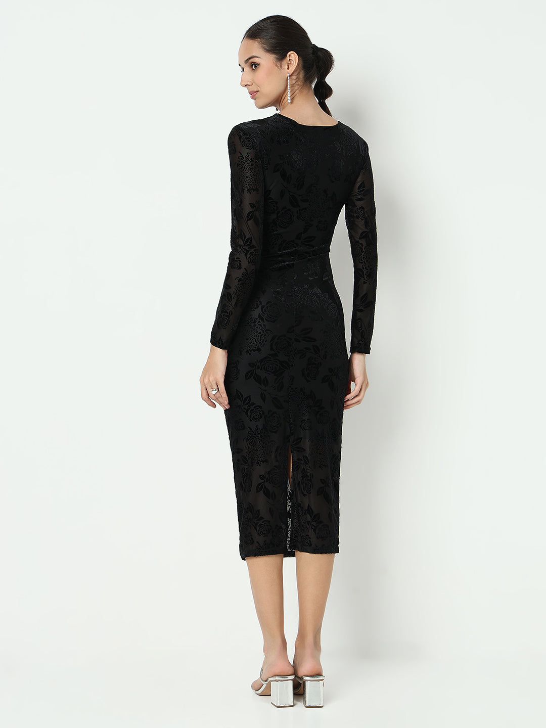 Women's Floral Black Velvet Bodycon Maxi Dress with Back Slit