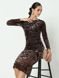 Women's Floral Brown Velvet Bodycon Maxi Dress with Back Slit